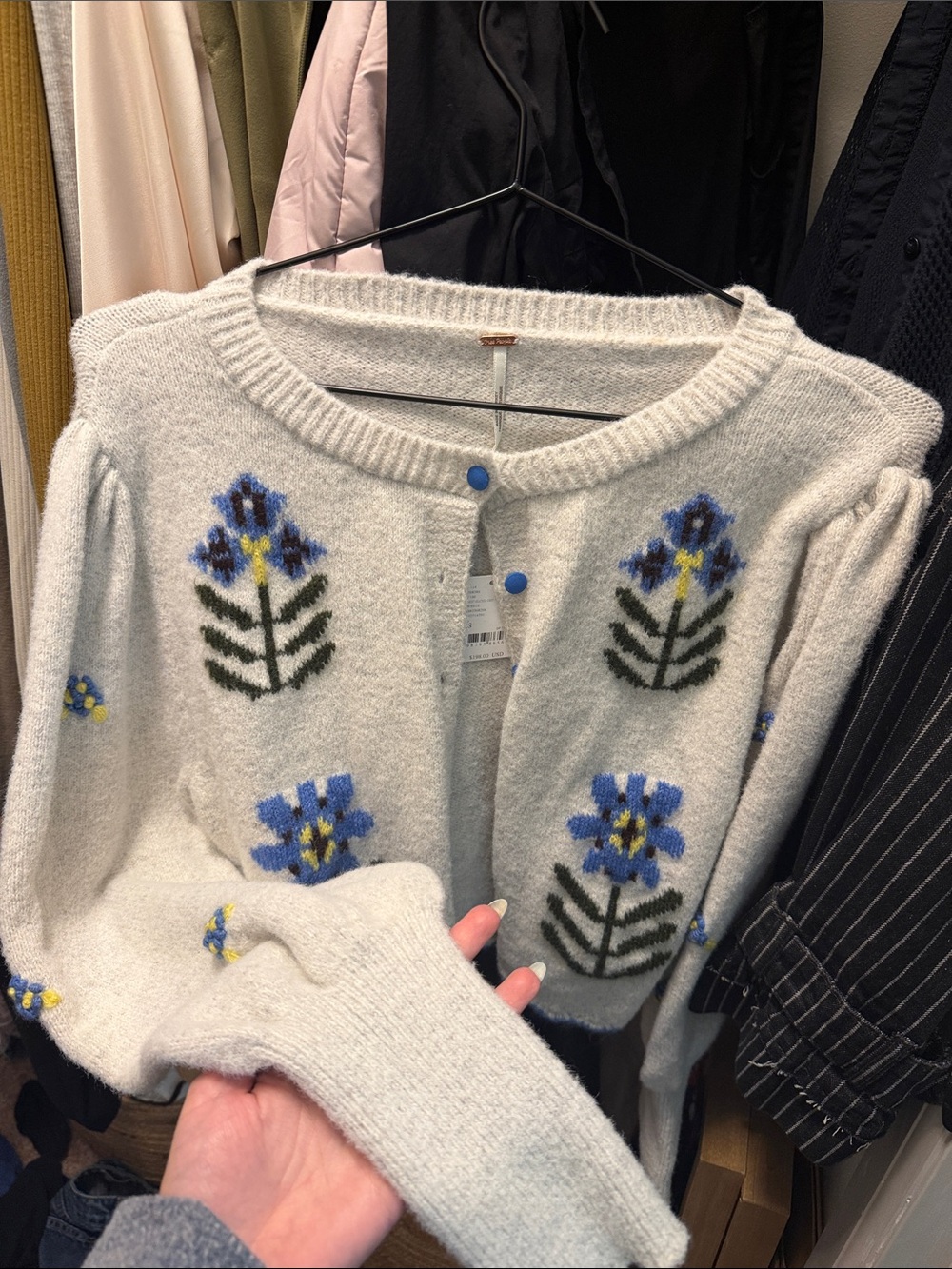 Cozy Light Gray Floral Cardigan Sweater - Picture 3 of 6